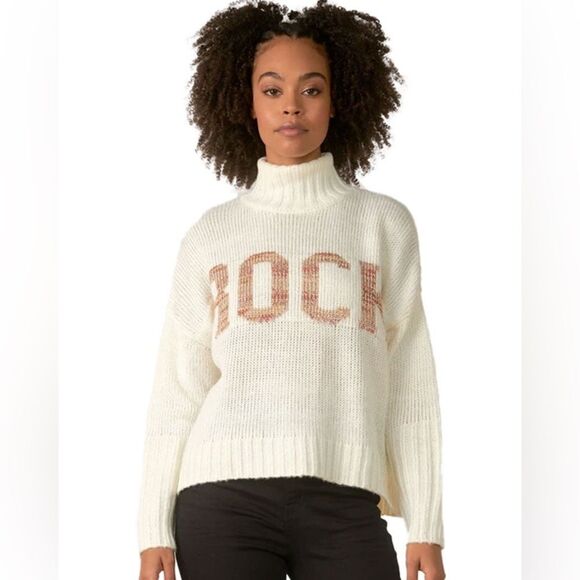 Elan ROCK Winter White Bronze Lettering Oversize Mock Neck Slouchy Sweater - L - Picture 1 of 15